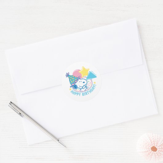 PINDA'S | Snoopy Gelukkige Verjaardagsballonnen Ronde Sticker (Envelop)