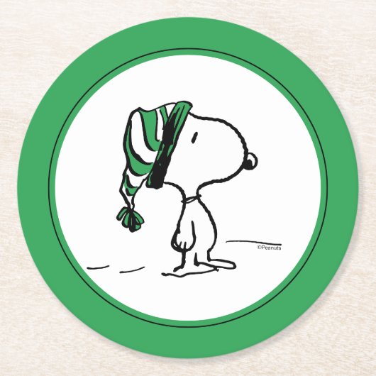 pinda's | Snoopy Green Snow Pet Ronde Kartonnen Onderzetter (Voorkant)