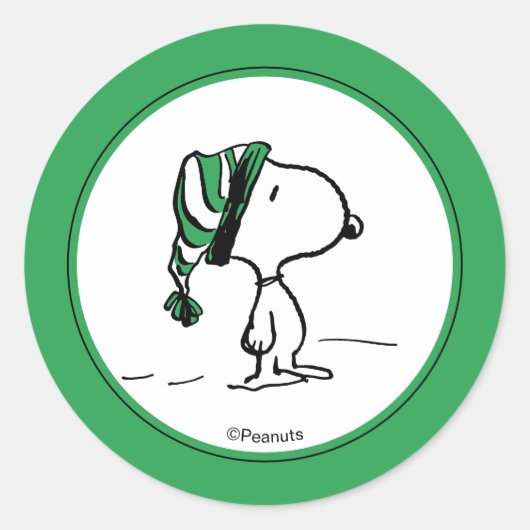 Pinda's | Snoopy Groene Sneeuwhoed Ronde Sticker (Voorkant)