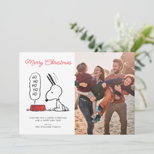 Pinda's | Snoopy Ho Ho Ho Voerbak Feestdagenkaart (Staand voorkant)