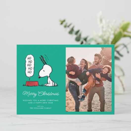 Pinda's | Snoopy Ho Ho Ho Voerbak Feestdagenkaart (Staand voorkant)