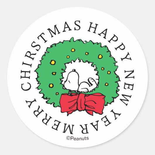 Pinda's | Snoopy Kerst Krans Klassieke Ronde St Ronde Sticker (Voorkant)