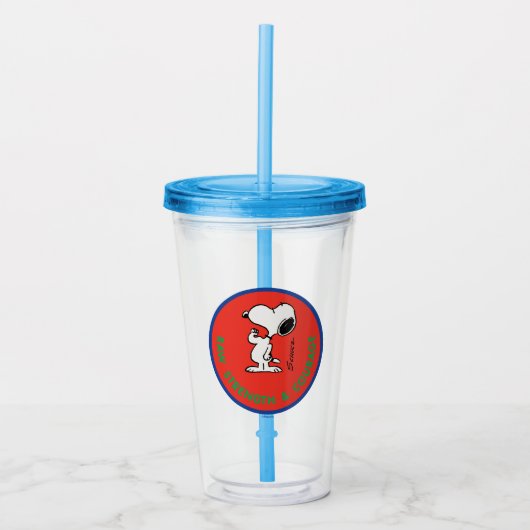 pinda's | Snoopy Raw Strength & Courage Badge Acryl Drinkbeker (Voorkant)