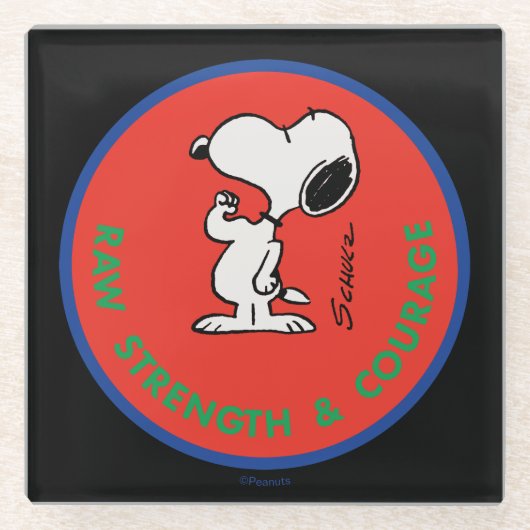 pinda's | Snoopy Raw Strength & Courage Badge Glazen Onderzetter (Voorkant)