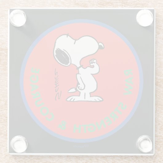 pinda's | Snoopy Raw Strength & Courage Badge Glazen Onderzetter (Achterkant)