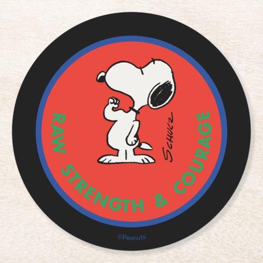 pinda's | Snoopy Raw Strength & Courage Badge Ronde Kartonnen Onderzetter (Voorkant)