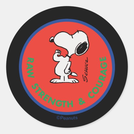 pinda's | Snoopy Raw Strength & Courage Badge Ronde Sticker (Voorkant)