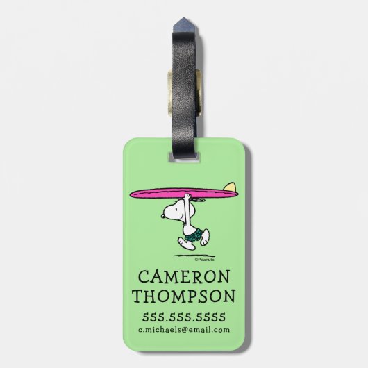 pinda's | Snoopy rijdend naar het Surf Bagagelabel (Achterkant verticaal)