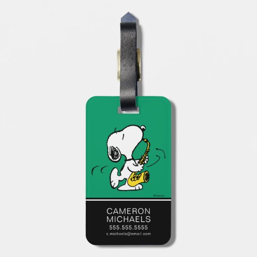 pinda's | Snoopy saxofonist Bagagelabel (Achterkant verticaal)