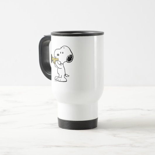 pinda's | Snoopy trompetspeler Reisbeker (Voorkant links)