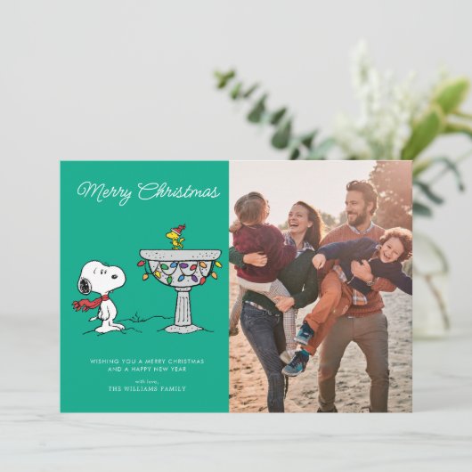 Pinda's | Snoopy & Woodstock Bevroren Vogeldrinkba Feestdagenkaart (Staand voorkant)