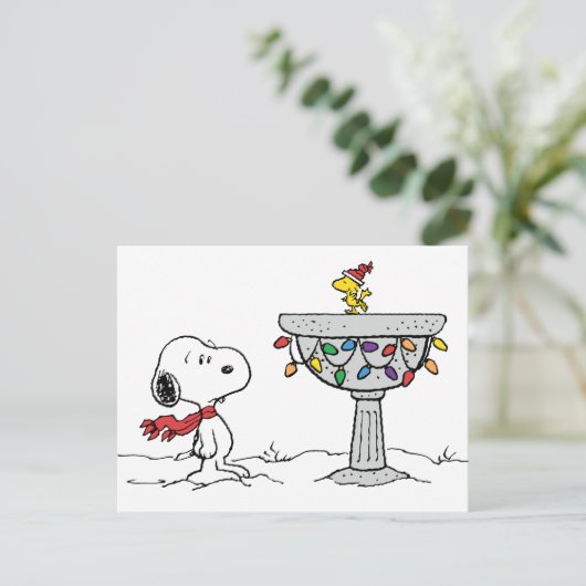 Pinda's | Snoopy & Woodstock Bevroren Vogeldrinkba Feestdagenkaart (Staand voorkant)