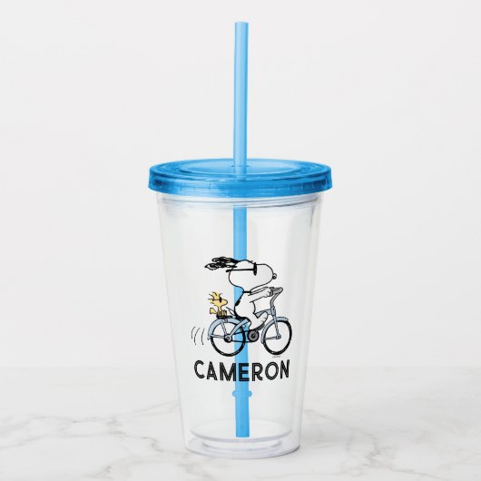 pinda's | Snoopy & Woodstock Bicycle Acryl Drinkbeker (Voorkant)