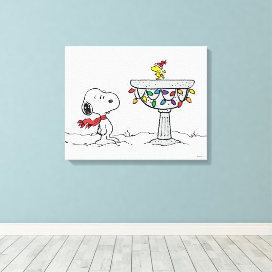 pinda's | Snoopy & Woodstock Frozen Birdbath Canvas Afdruk (Insitu (Houten vloer))
