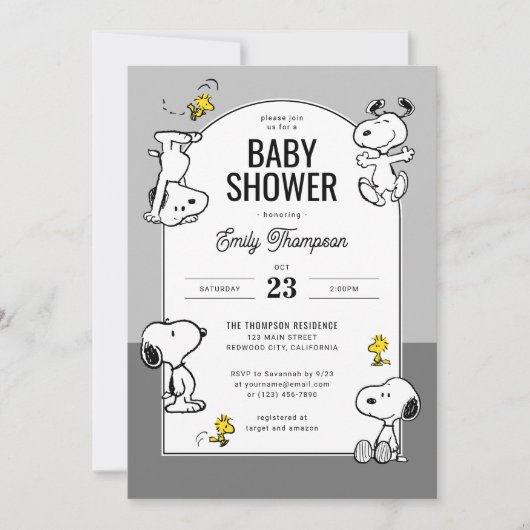 pinda's | Snoopy & Woodstock Grijs Baby shower Kaart (Voorkant)