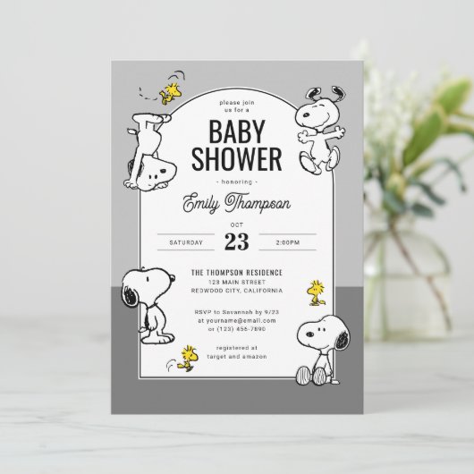 pinda's | Snoopy & Woodstock Grijs Baby shower Kaart (Staand voorkant)