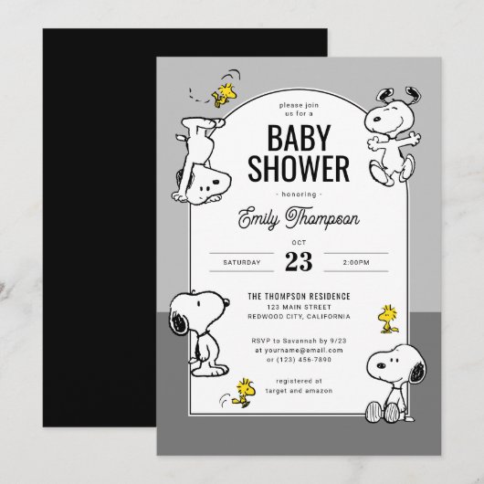 pinda's | Snoopy & Woodstock Grijs Baby shower Kaart (Voorkant / Achterkant)