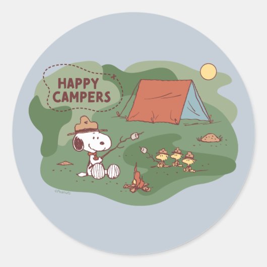 pinda's | Snoopy & Woodstock Happy Campers Ronde Sticker (Voorkant)