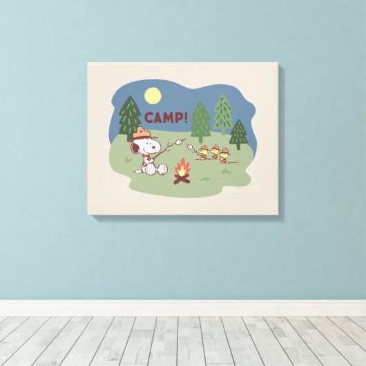 pinda's | Snoopy & Woodstock in de Campfire Canvas Afdruk (Insitu (Houten vloer))