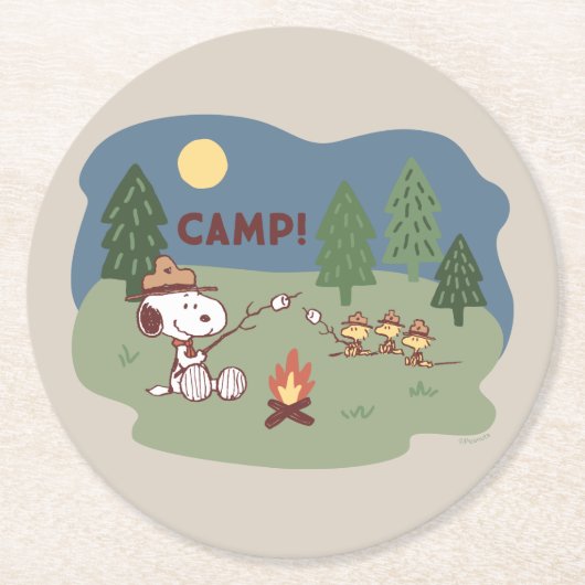pinda's | Snoopy & Woodstock in de Campfire Ronde Kartonnen Onderzetter (Voorkant)