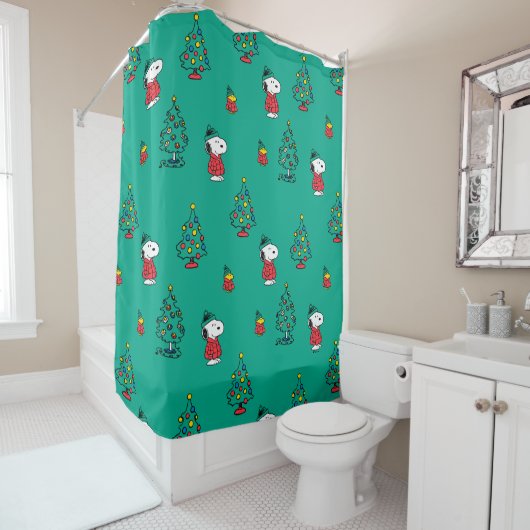 pinda's | Snoopy & Woodstock - kerstpatroon Douchegordijn (In situ)