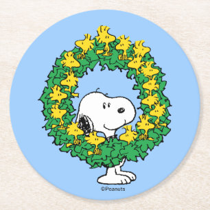 pinda's   Snoopy & Woodstock met kerstmis Ronde Kartonnen Onderzetter