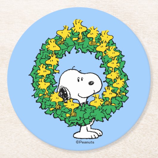 pinda's | Snoopy & Woodstock met kerstmis Ronde Kartonnen Onderzetter (Voorkant)