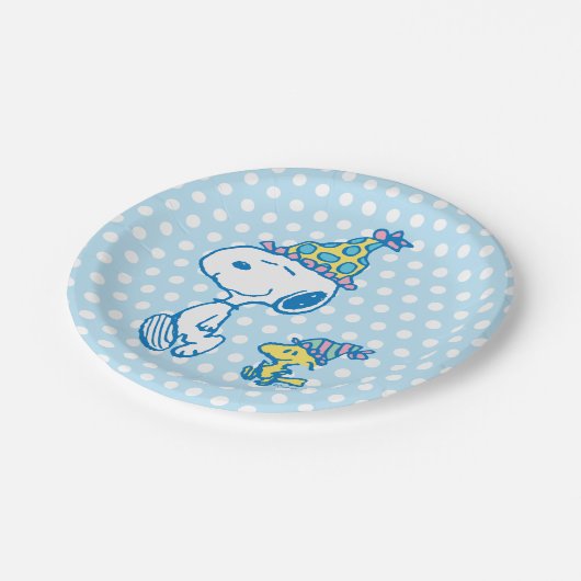 PINDA'S | Snoopy & Woodstock Party Polka Dots Papieren Bordje (Gekanteld)