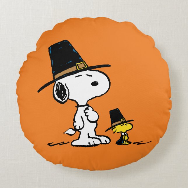 pinda's | Snoopy & Woodstock Pilgrim Rond Kussen (Voorkant)