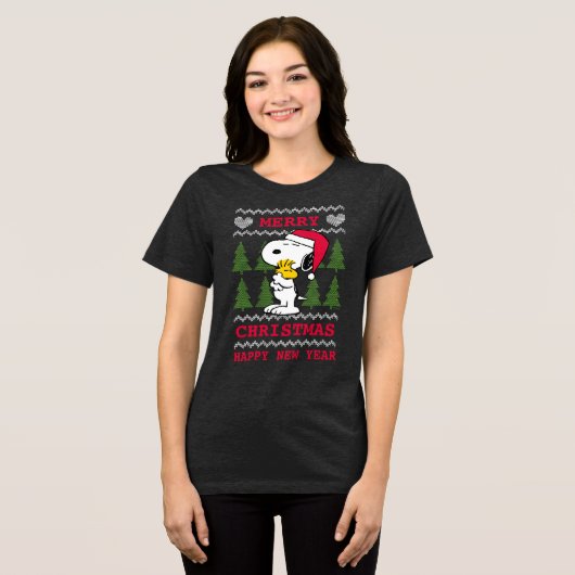 pinda's | Snoopy & Woodstock Santa Claus Hug Tri-Blend Shirt (Voorkant volledig)