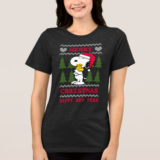 pinda's | Snoopy & Woodstock Santa Claus Hug Tri-Blend Shirt (Voorkant)