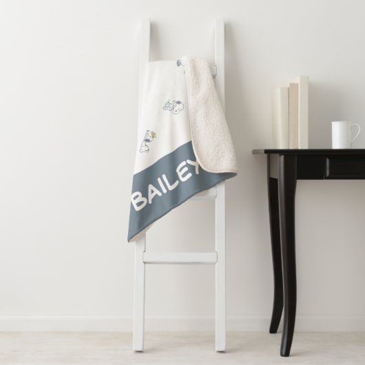 pinda's | Snoopy & Woodstock Soft Grey Pattern Sherpa Deken (In situ)