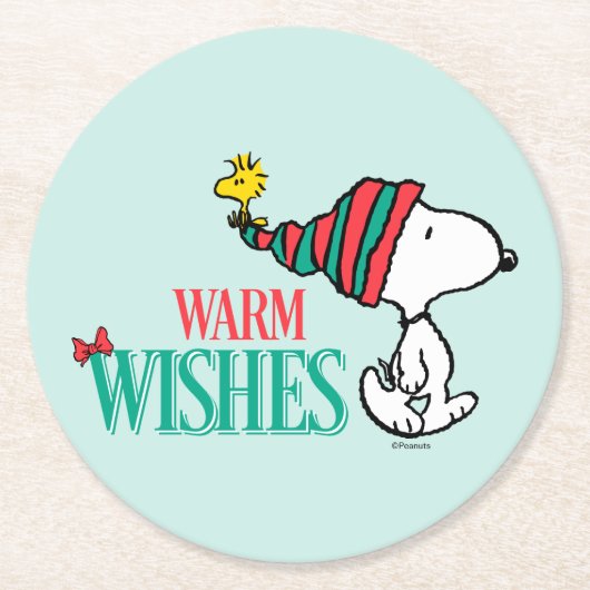 pinda's | Snoopy & Woodstock Warm Wishes Ronde Kartonnen Onderzetter (Voorkant)