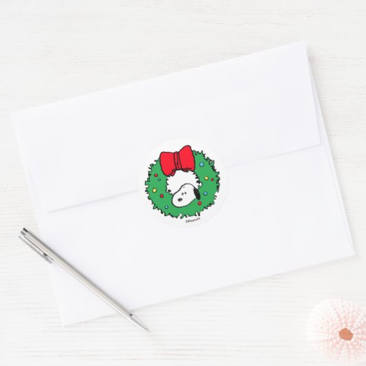 Pinda's | Snoopys Kerst Krans & Strik Ronde Sticker (Envelop)