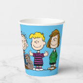 pinda's vrienden op rij papieren bekers (Achterkant)