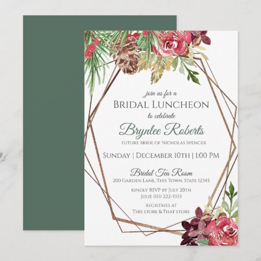 Pine and Berries Winter Floral Bridal Luncheon Inv Kaart (Voorkant / Achterkant)