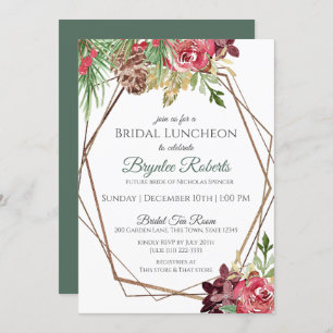 Pine and Berries Winter Floral Bridal Luncheon Inv Kaart