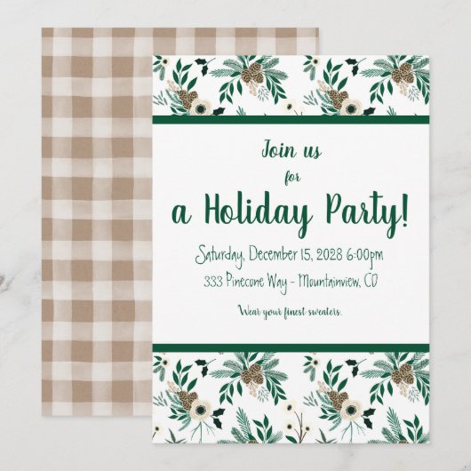 Pine and Holly Holiday Party Kaart (Voorkant / Achterkant)