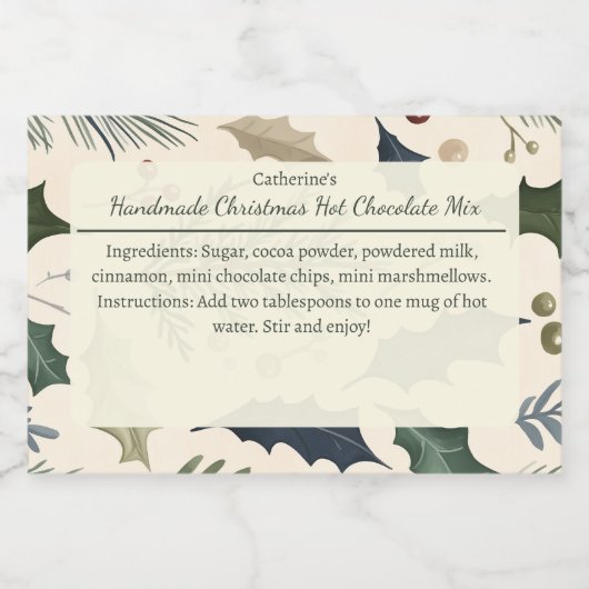 Pine and Holly Leaves Christmas Hot Chocolate Mix  Voedselcontainer Etiket (Enkel label)