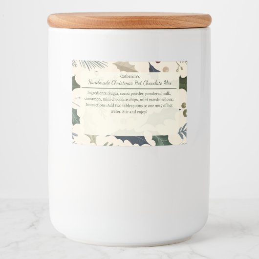 Pine and Holly Leaves Christmas Hot Chocolate Mix  Voedselcontainer Etiket (Voorkant)