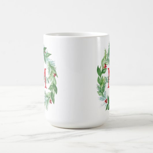 Pine Berries Krans Monogram Kerst Koffie Mok (Center)