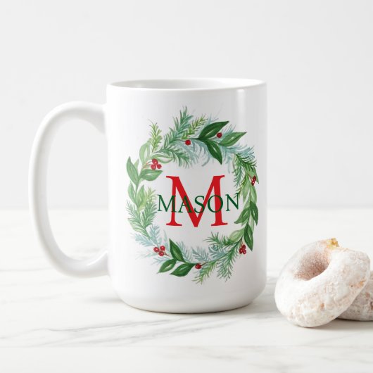 Pine Berries Krans Monogram Kerst Koffie Mok (Met donut)