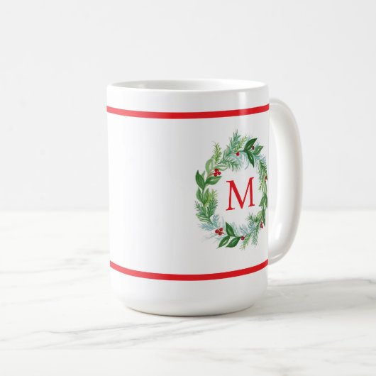 Pine Berries Krans Monogram Kerstmis Koffiemok (Voorkant rechts)