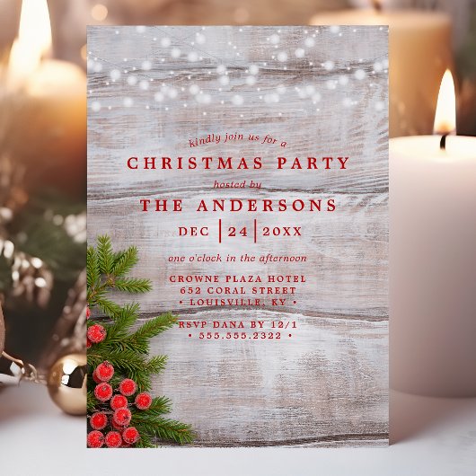 Pine Berries String Lights Wood Kerstfeest Kaart