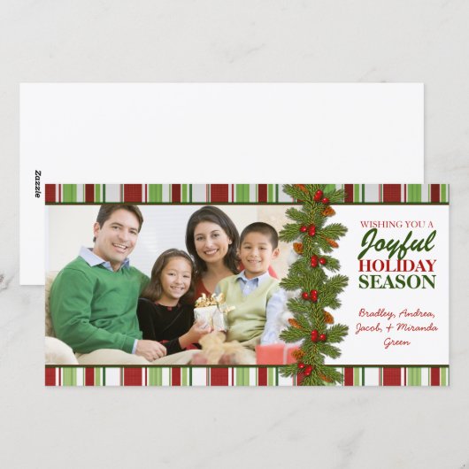 Pine Berries Stripes kerstfamilie - Fotokaart Feestdagenkaart (Voorkant / Achterkant)