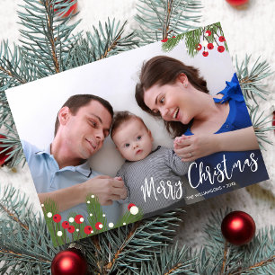 Pine Berry Botanical Merry Christmas Vakantie Foto Feestdagenkaart