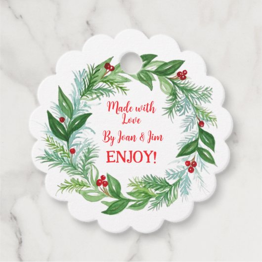Pine Berry Kerstgroen GEMAAT MET LIEFDE Rond Bedankjes Labels (Voorkant)