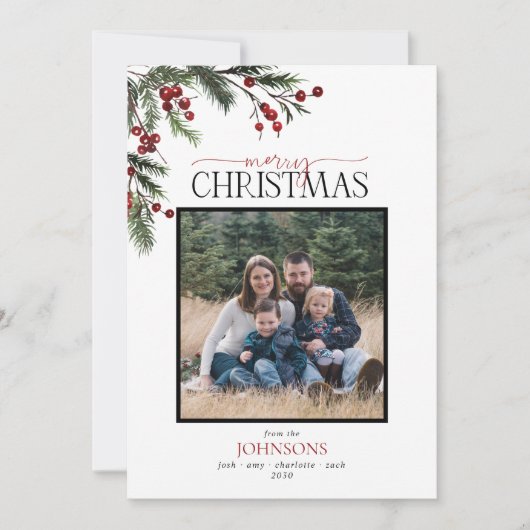 Pine Berry Merry kerstscript Foto Holiday Ca Feestdagenkaart (Voorkant)