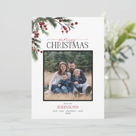 Pine Berry Merry kerstscript Foto Holiday Ca Feestdagenkaart (Staand voorkant)