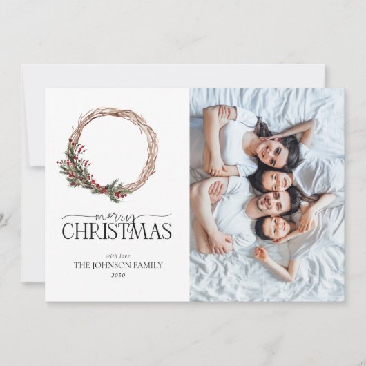 Pine Berry Wreath Merry Kerstscript Foto Hol Feestdagenkaart (Voorkant)